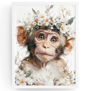 Watercolor Floral Monkey Portrait Wall Art Print Unframed - Playful Jungle Charm